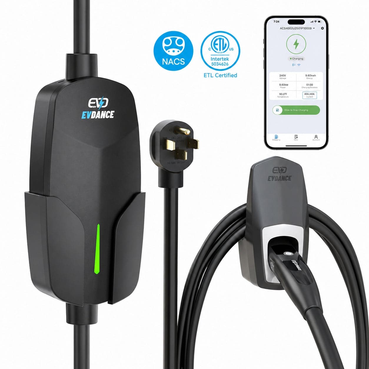 EVDANCE Level 2 NEMA 14-50 32A Tesla/NACS Portable EV Charger | ETL Certification
