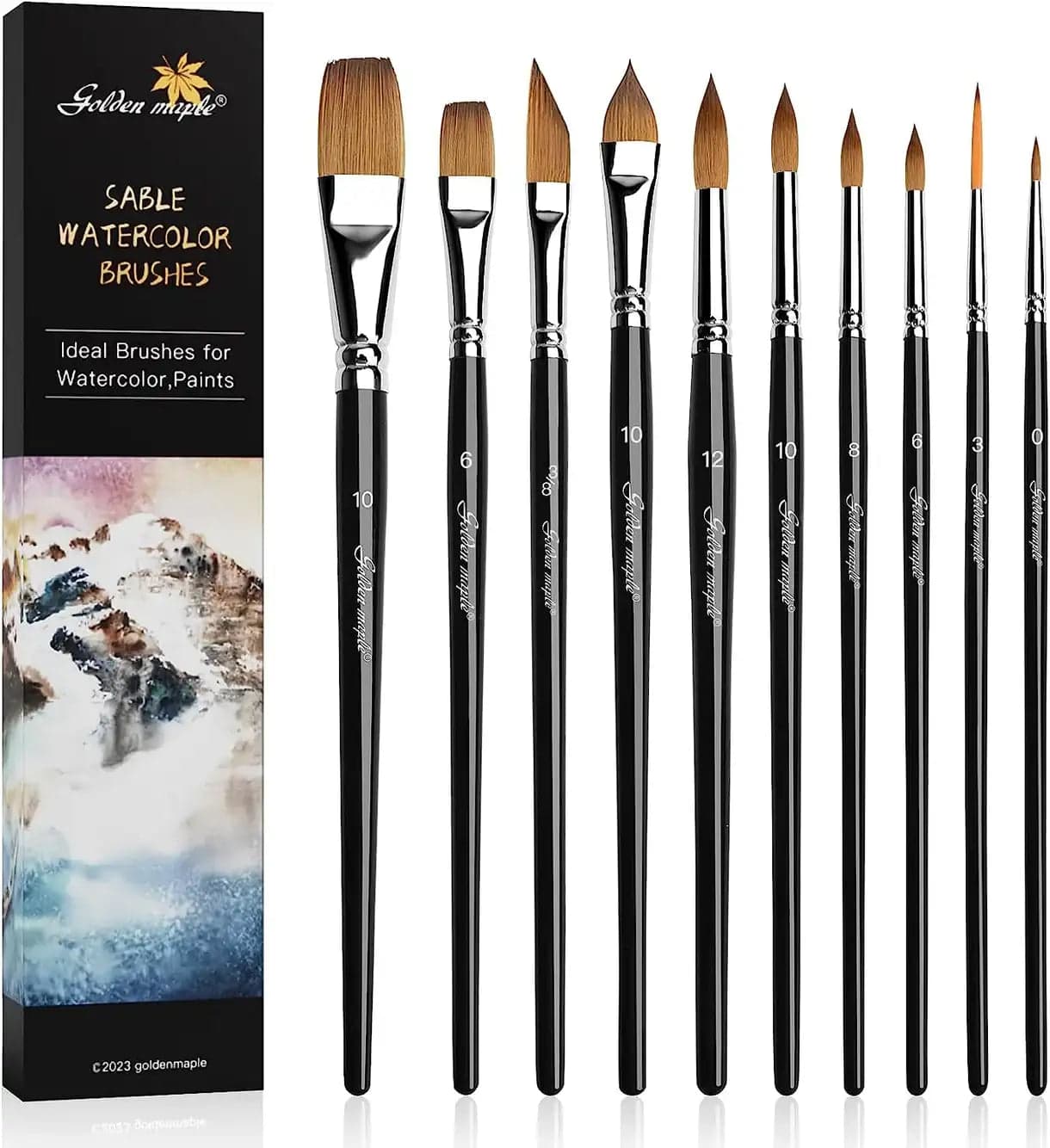 10pcs Sable Watercolor Brush Set: Round, Flat, Dagger, and Oval Wash