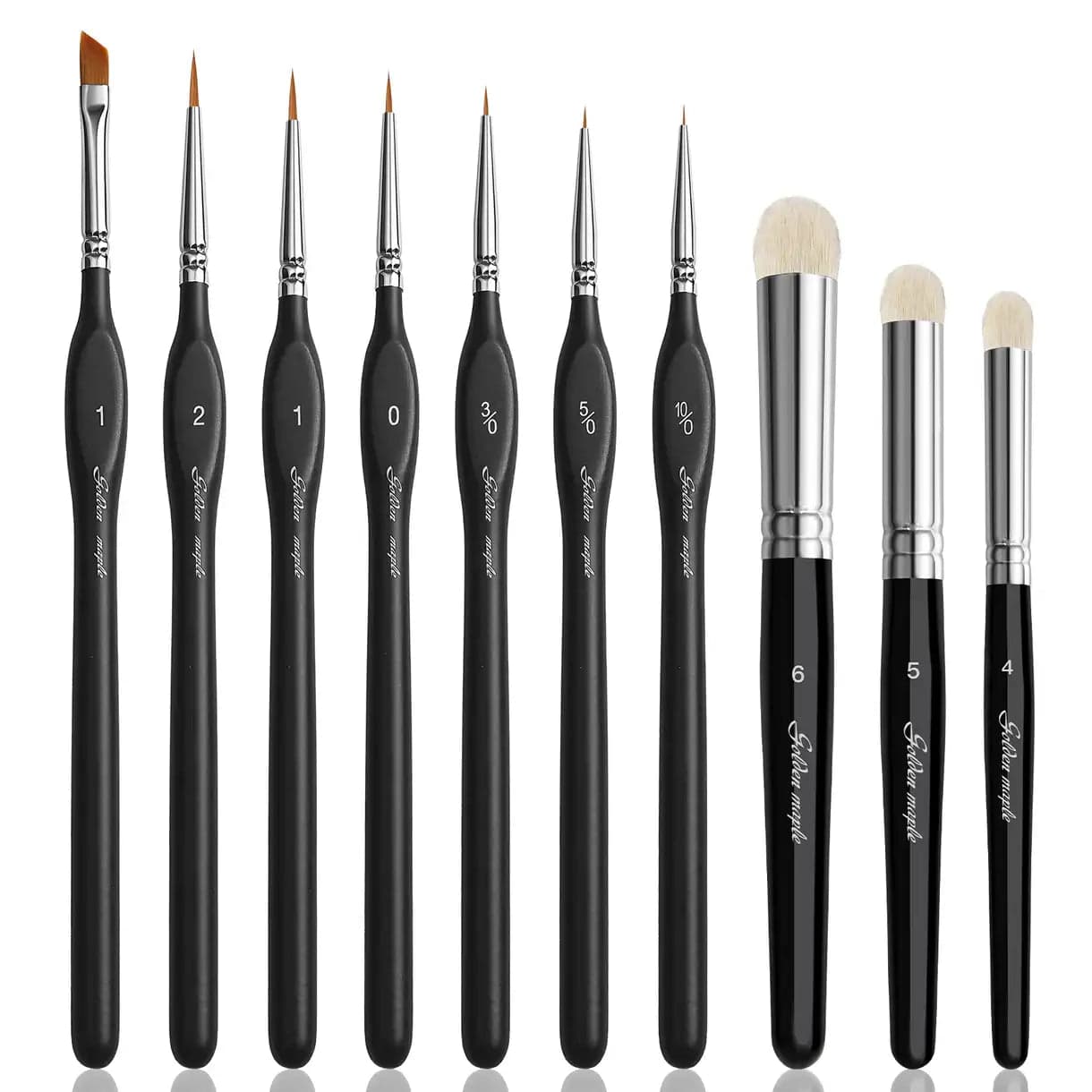 Angle ,Round,Liner Nylon Detail Brush & 4, 5, 6 Goat Hair Dry Brush - 10pcs/set