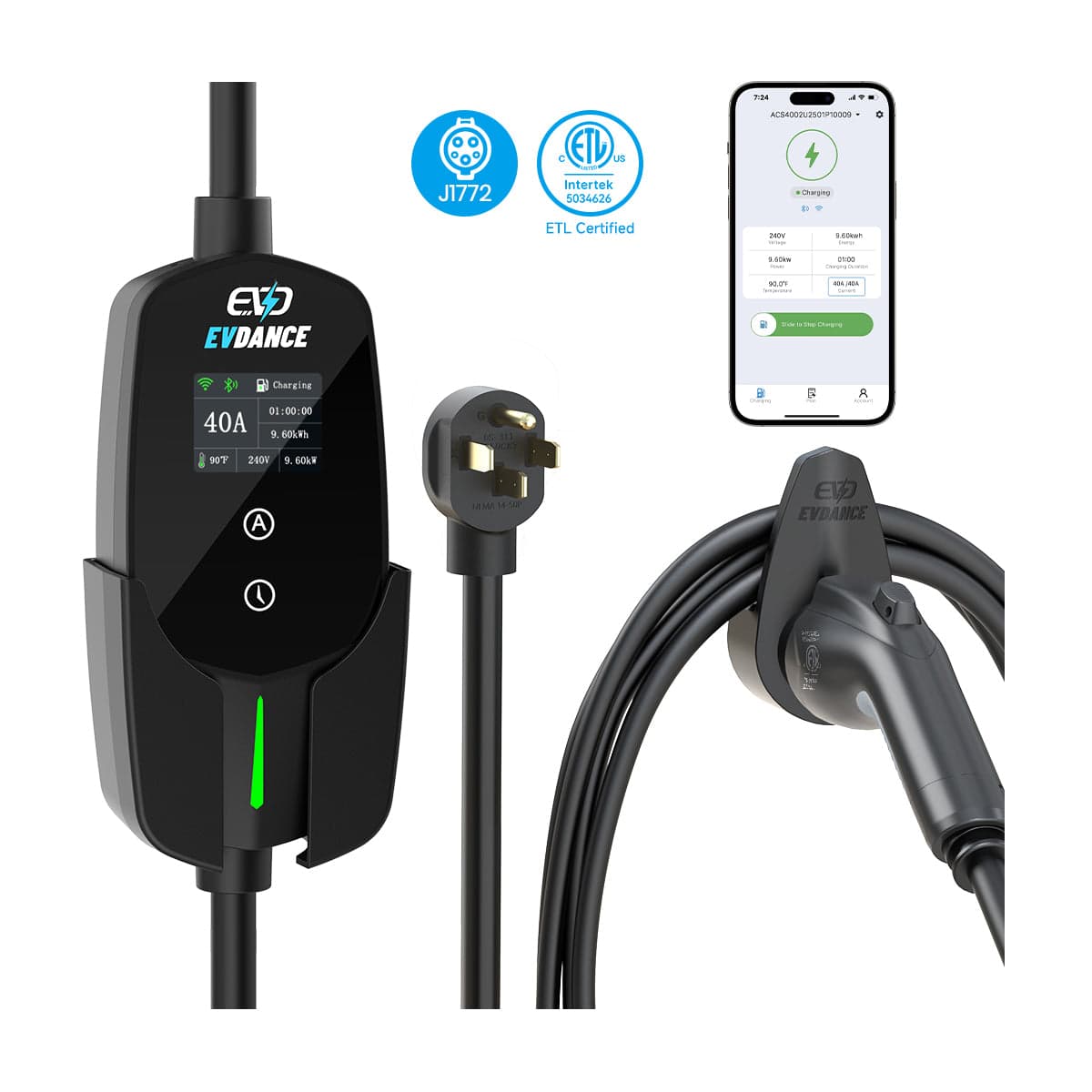 EVDANCE Flux Level 2 NEMA 14-50 40A J1772 Portable EV Charger Wifi Enabled | ETL Certification - ETL Listed / Plug & Play