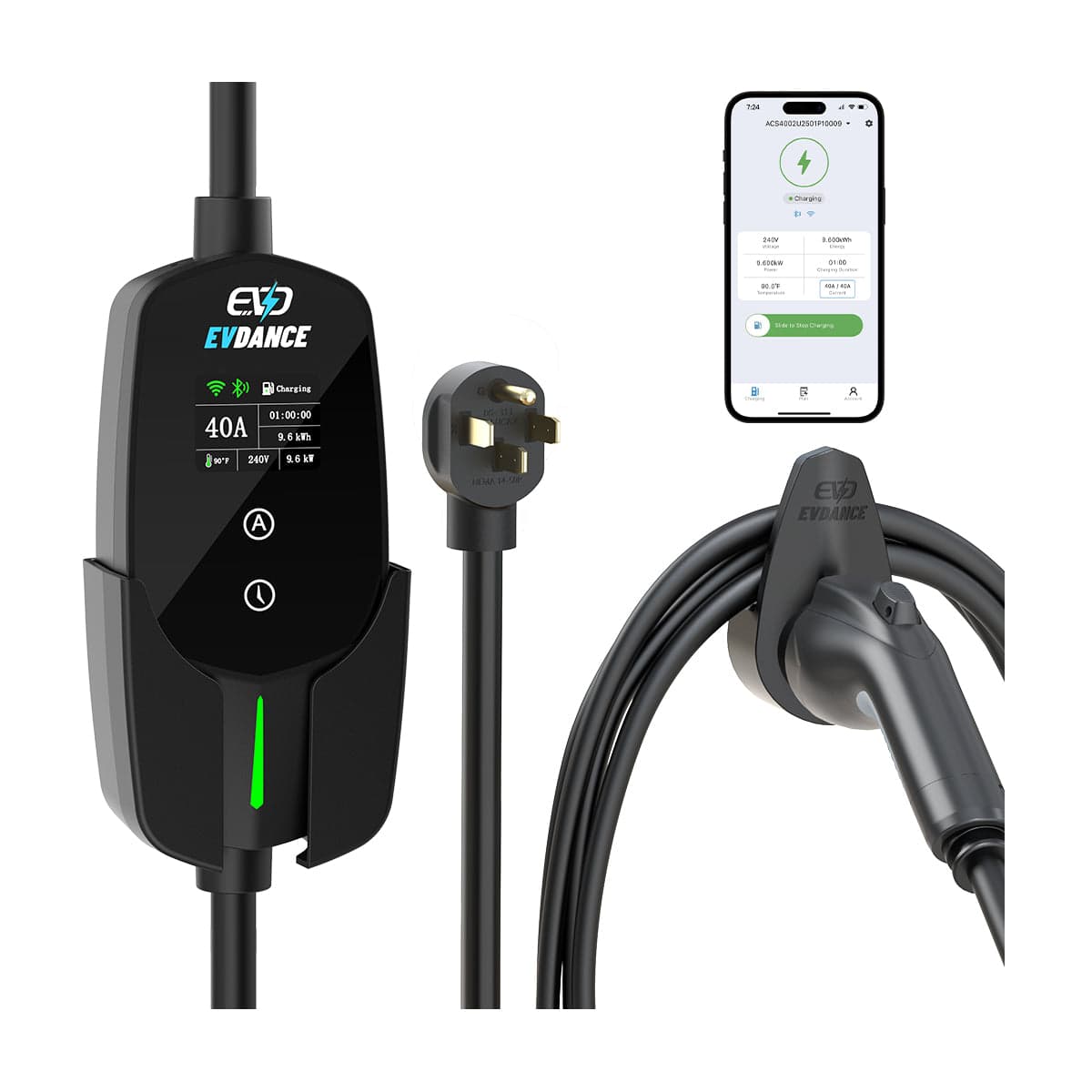 EVDANCE Flux Level 2 NEMA 14-50 40A J1772 Portable EV Charger Wifi Enabled | ETL Certification - Standard Safety / Plug & Play