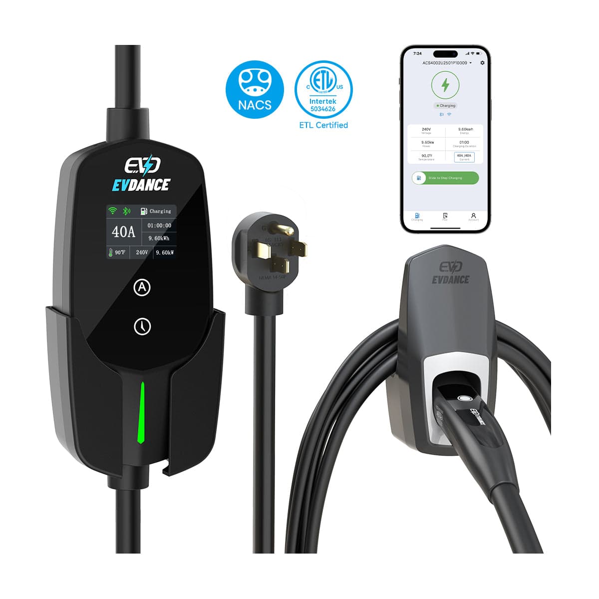 EVDANCE Flux Level 2 NEMA 14-50 40A Tesla Portable EV Charger Wifi Enabled | ETL Certification - ETL Listed / Wifi-Enabled