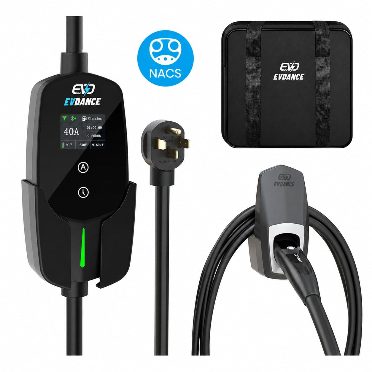 EVDANCE Flux Level 2 NEMA 14-50 40A Tesla Portable EV Charger Wifi Enabled | ETL Certification - Standard Safety / Plug & Play
