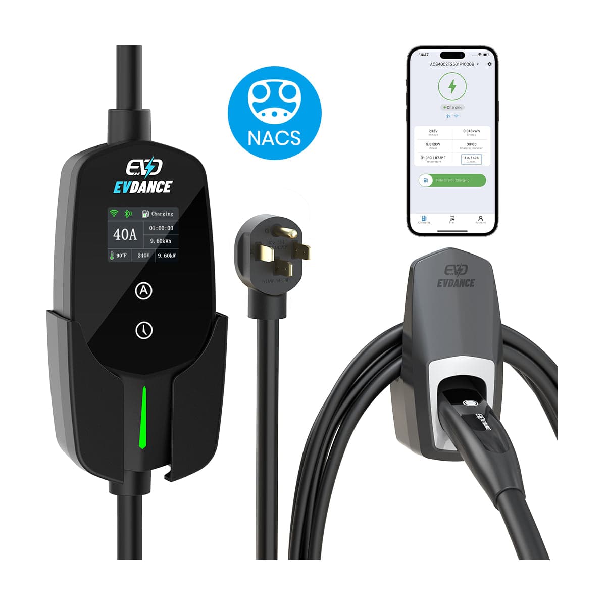 EVDANCE Flux Level 2 NEMA 14-50 40A Tesla Portable EV Charger Wifi Enabled | ETL Certification - Standard Safety / Wifi-Enabled