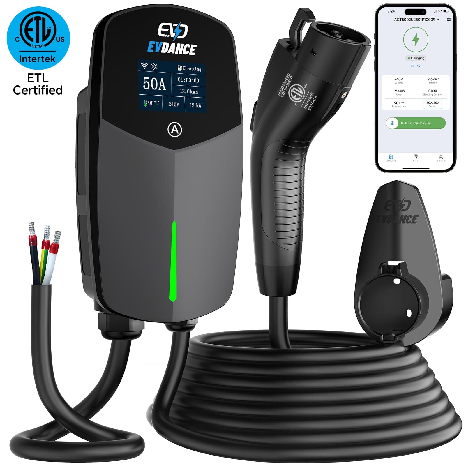 EVDANCE Home Level 2 EV Charger J1772 Wall-mounted Hardwired In - 50A | ETL Certification