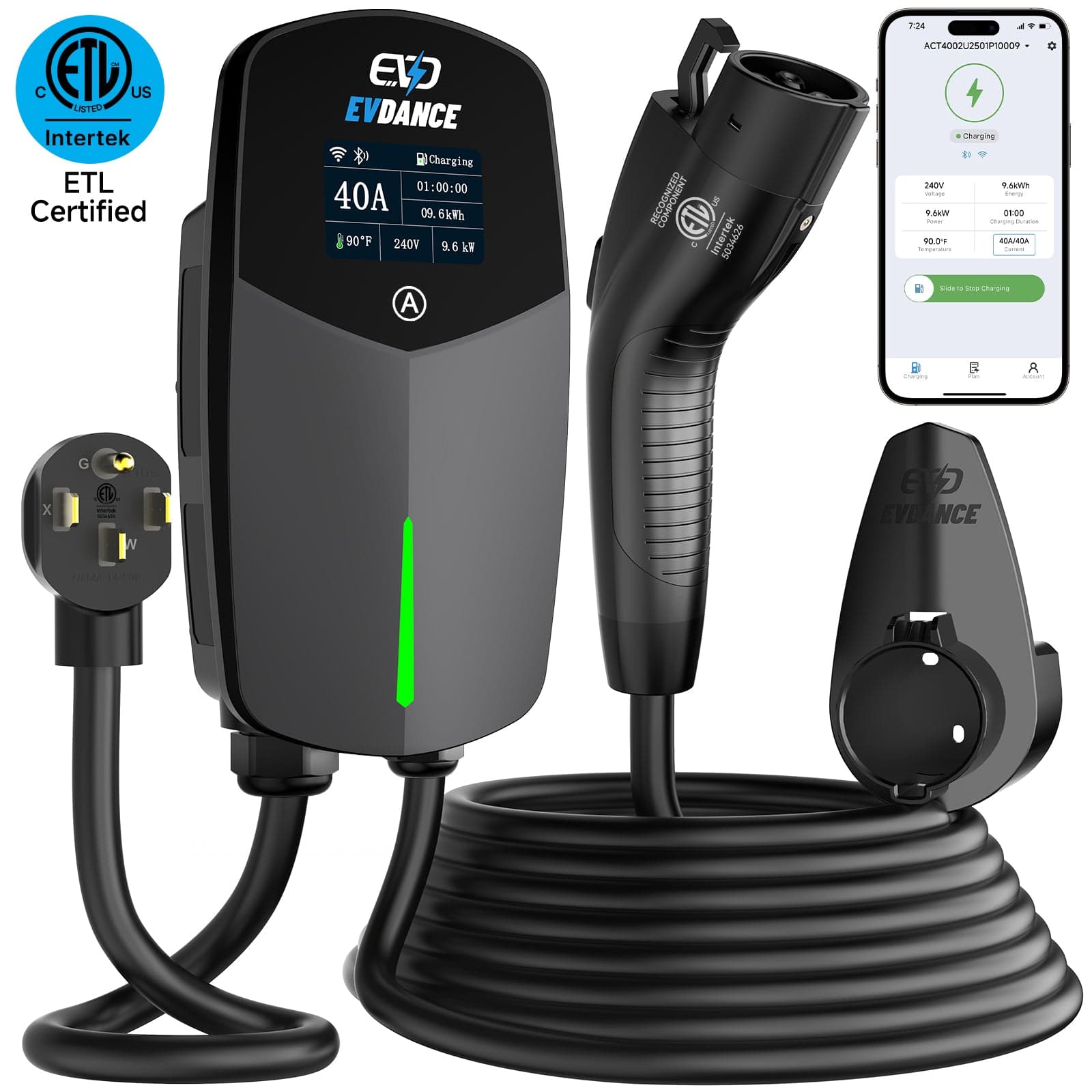 EVDANCE Home Level 2 EV Charger NEMA 14-50 J1772 Wall-mounted Plug In - 40A | ETL Certification — photo 1 of 1