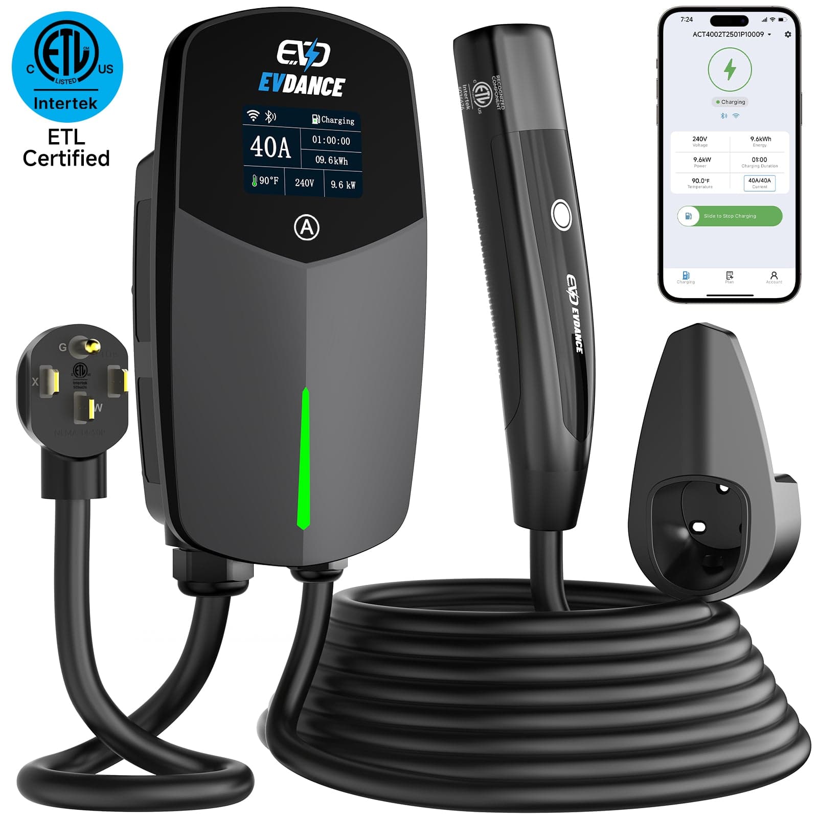 EVDANCE Level 2 EV Charger NEMA 14-50 NACS Wall-mounted Plug In - 40A | ETL Certification