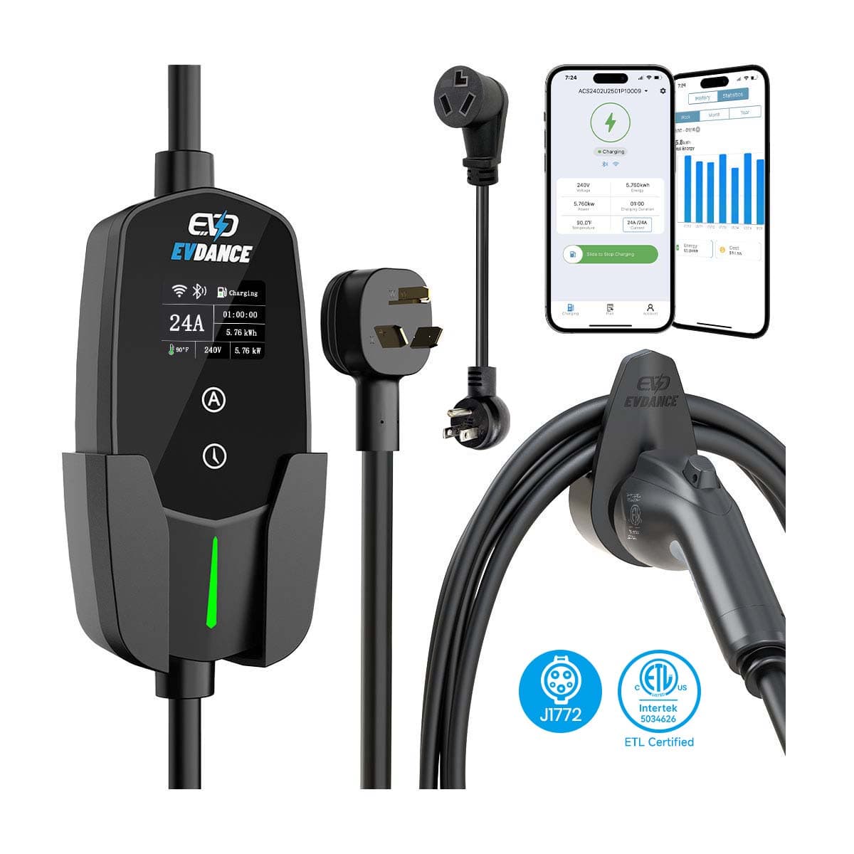 EVDANCE Level 2 NEMA 10-30 24A J1772 Portable EV Charger | ETL Certification - ETL Listed / Wifi-Enabled