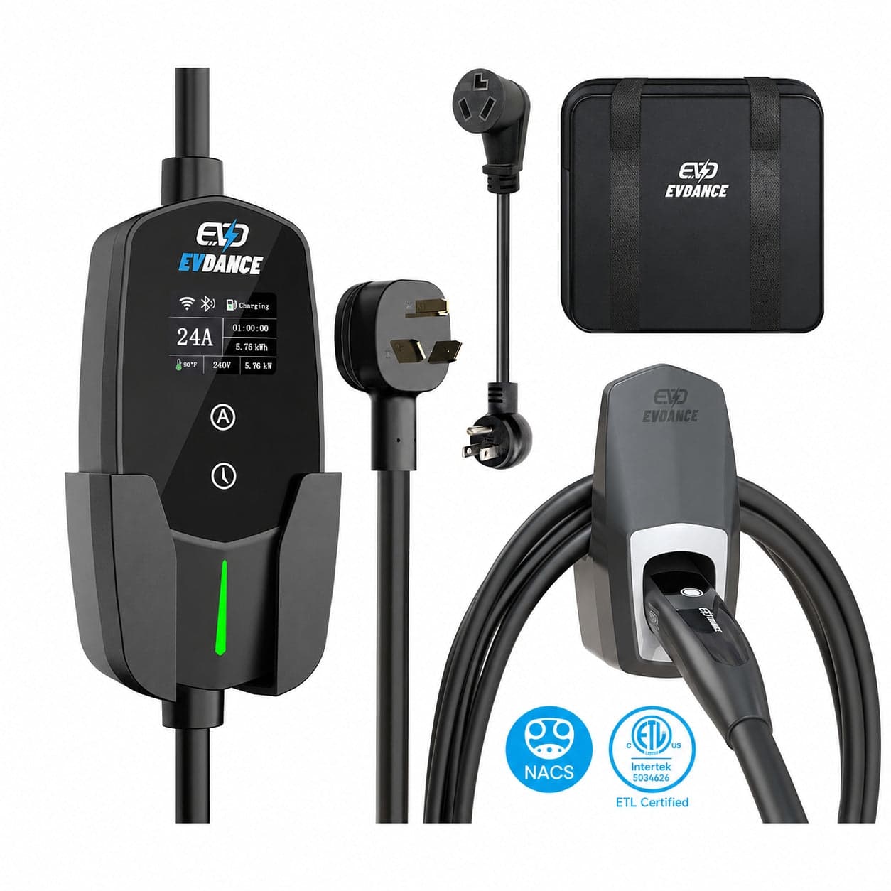 EVDANCE Level 2 NEMA 10-30 24A NACS Portable EV Charger | ETL Certification - ETL Listed / Plug & Play