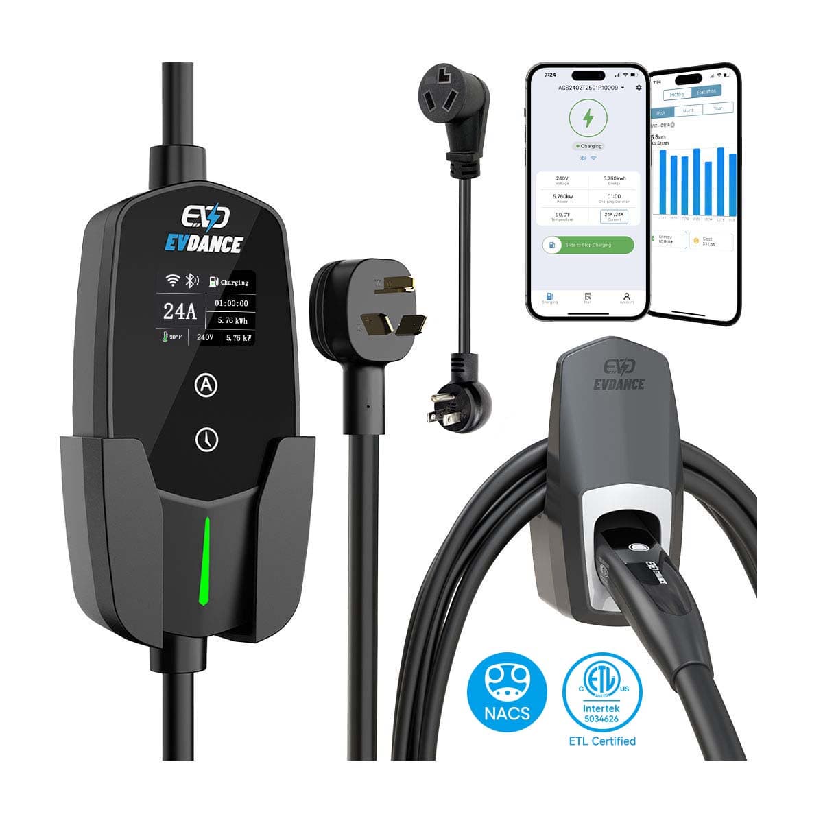 EVDANCE Level 2 NEMA 10-30 24A NACS Portable EV Charger | ETL Certification - ETL Listed / Wifi-Enabled