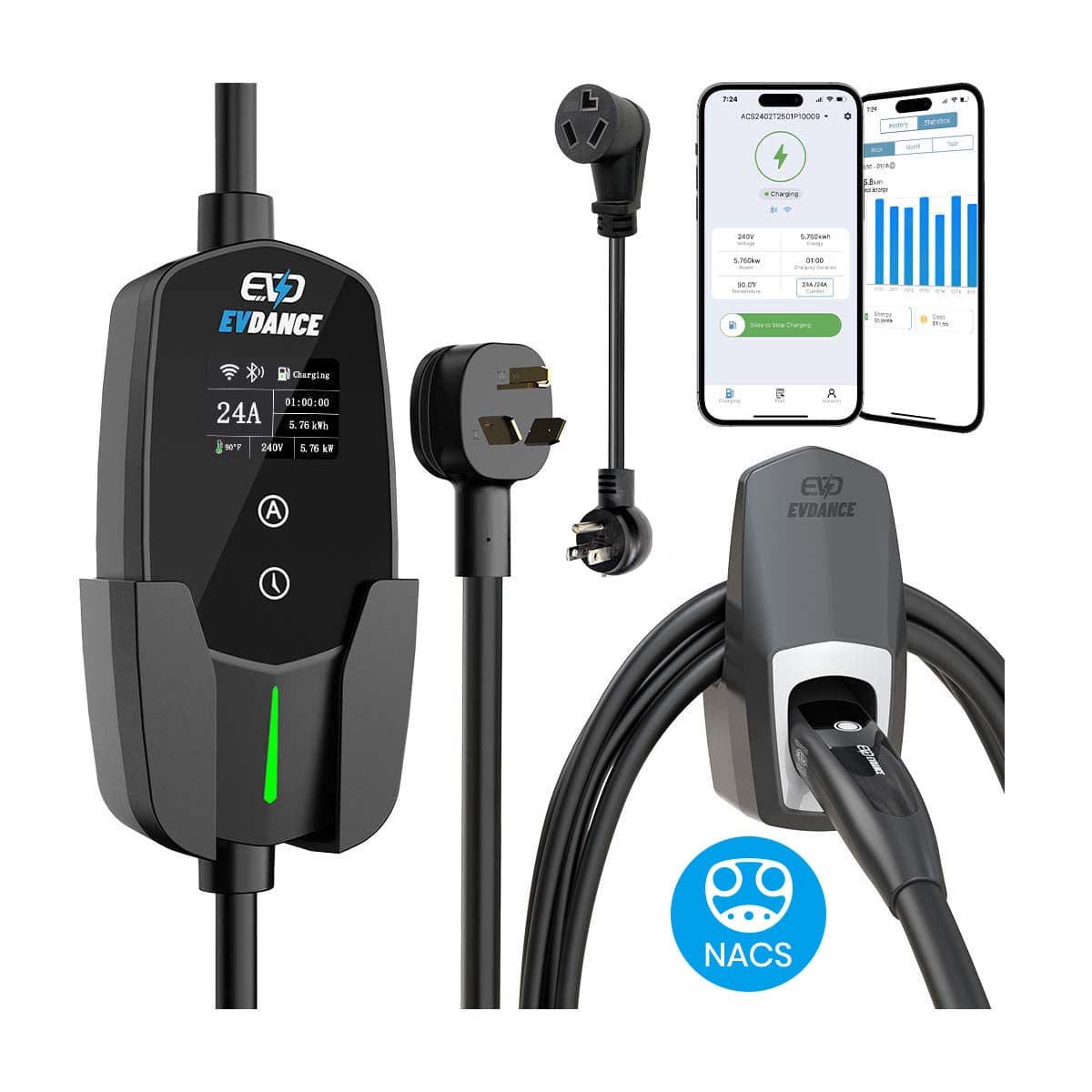 EVDANCE Level 2 NEMA 10-30 24A NACS Portable EV Charger | ETL Certification - Standard Safety / Wifi-Enabled