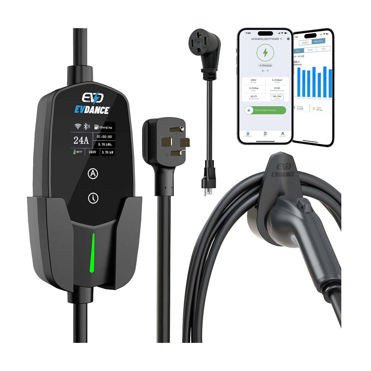 EVDANCE Level 2 NEMA 14-30 24A J1772 Portable EV Charger | ETL Certification - Standard Safety / Wifi-Enabled