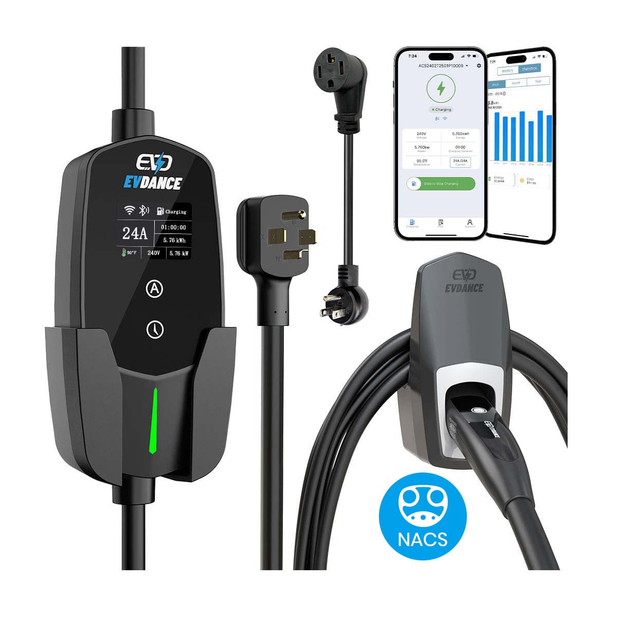 EVDANCE Level 2 NEMA 14-30 24A NACS Portable EV Charger | ETL Certification - Standard Safety / Wifi-Enabled