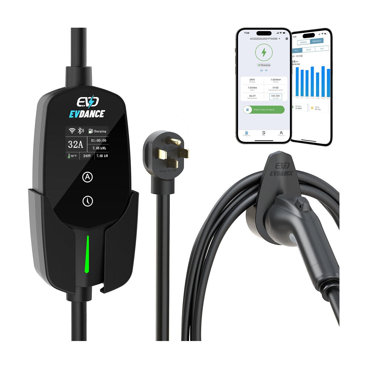 EVDANCE Level 2 NEMA 14-50 32A J1772 Portable EV Charger | ETL Certification - Black / ETL Listed