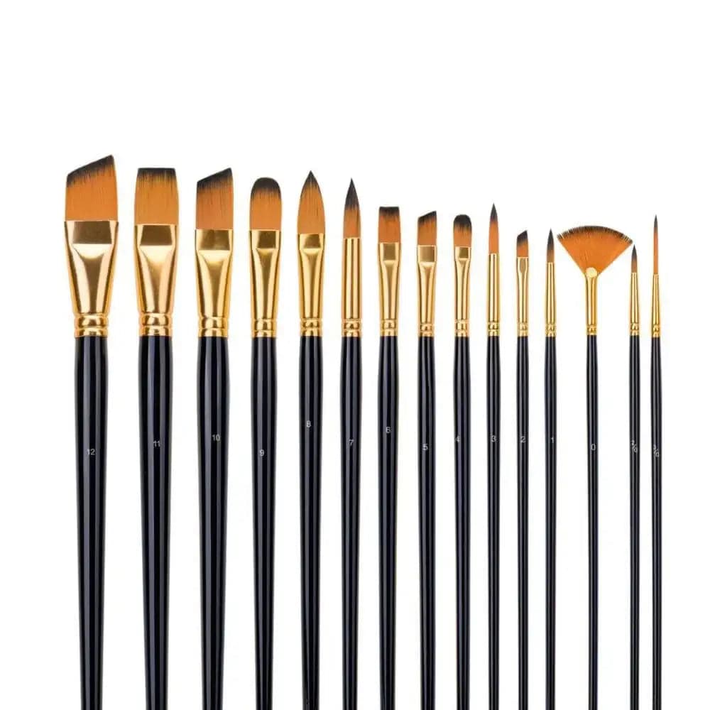15pcs Nylon Brush Set: Flat, Filbert, Round, Cat Tongue, Petal, and Fan Brushes (P00015) — photo 1 of 1