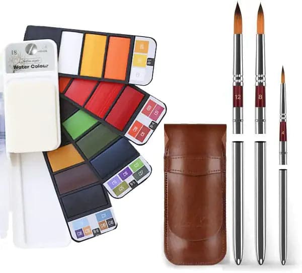 3pcs Watercolor Travel Paint Brushes: Round Pointed Tips with Leatherette Carry - 🔥Travel Brush(Nylon) + 18 Colors Travel Watercolor (Get 10% off) — photo 1 of 1