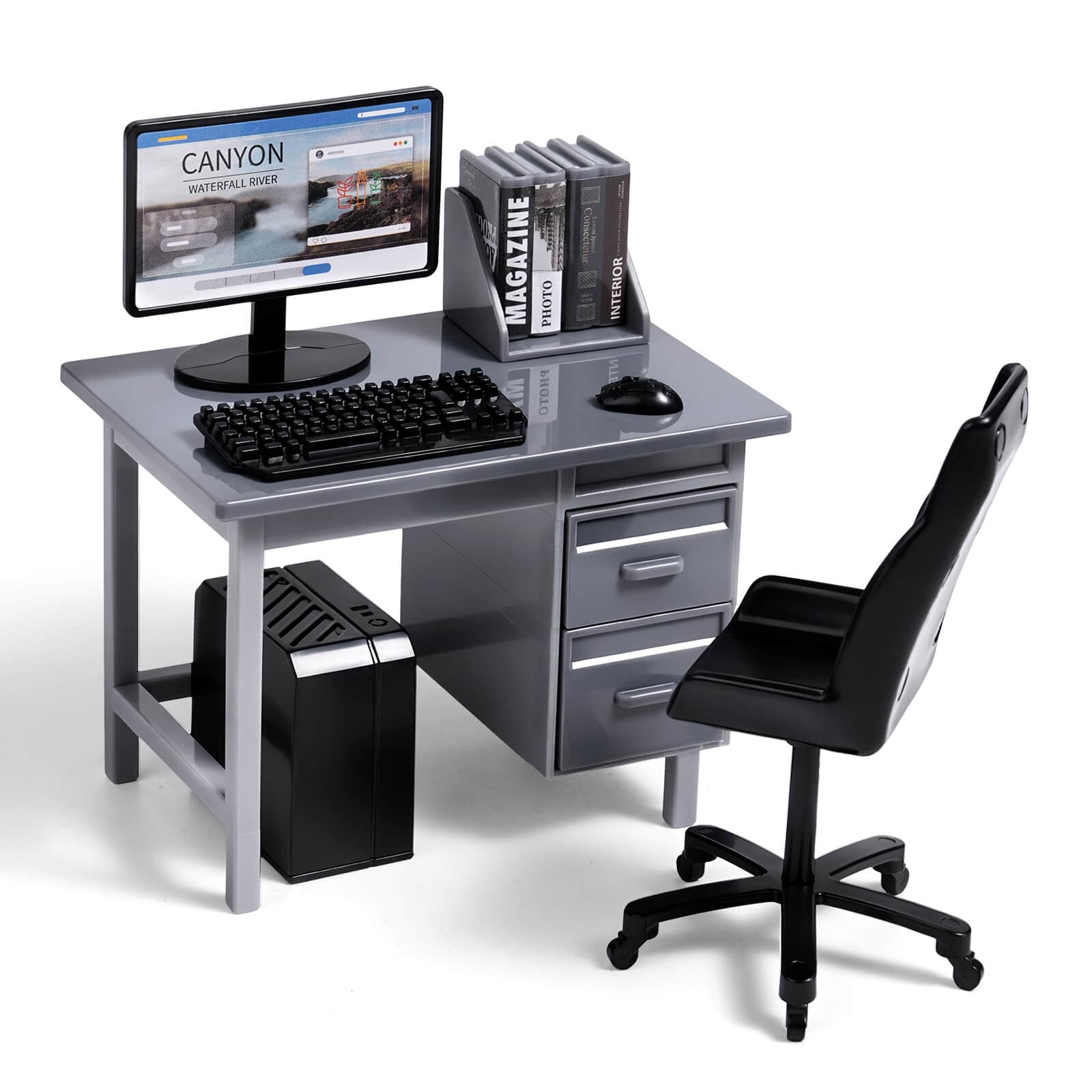 Miniature Office Desk Set – Computer Table, Chair, Monitor & Accessories for Diorama Display - Gray — photo 1 of 1