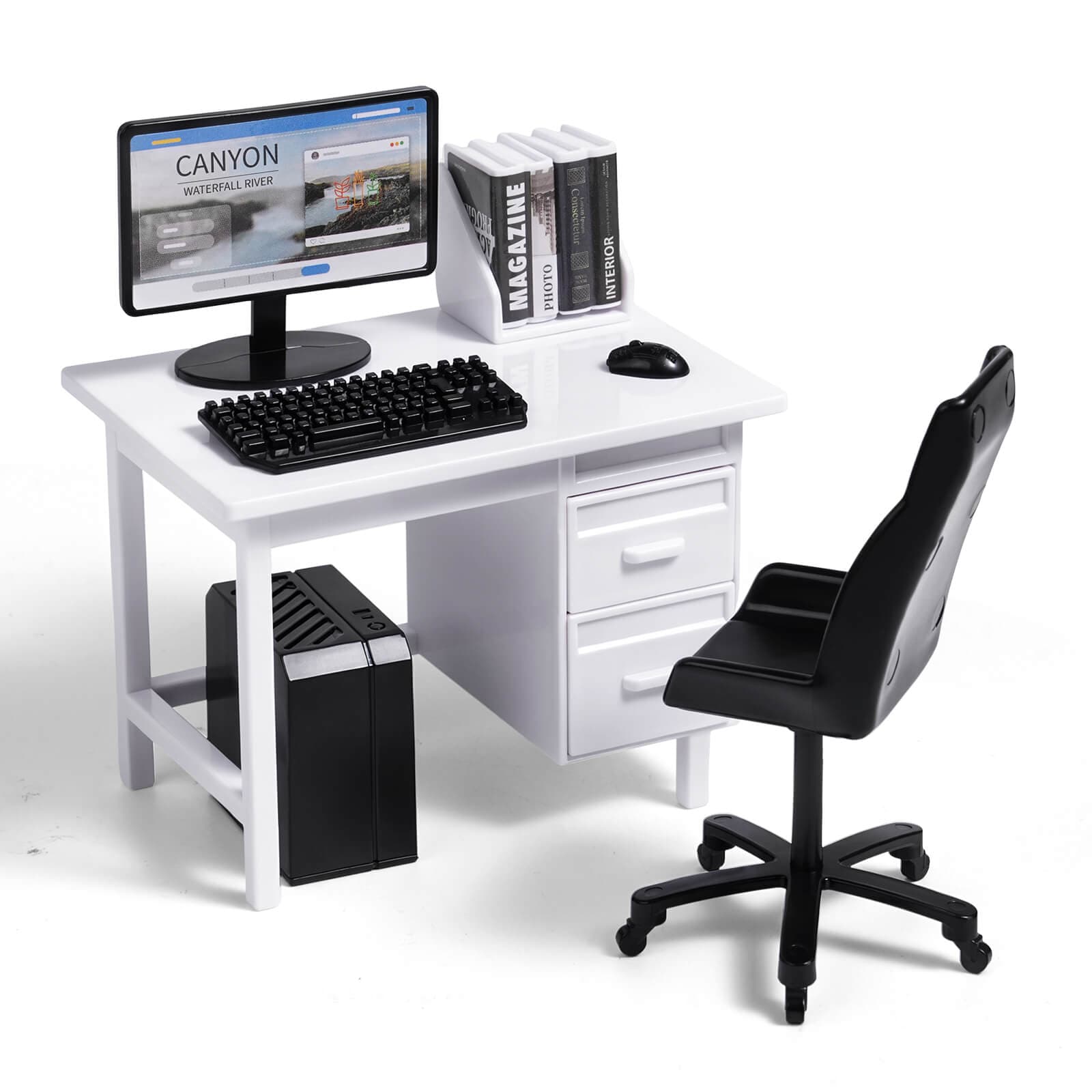Miniature Office Desk Set – Computer Table, Chair, Monitor & Accessories for Diorama Display - White — photo 1 of 1