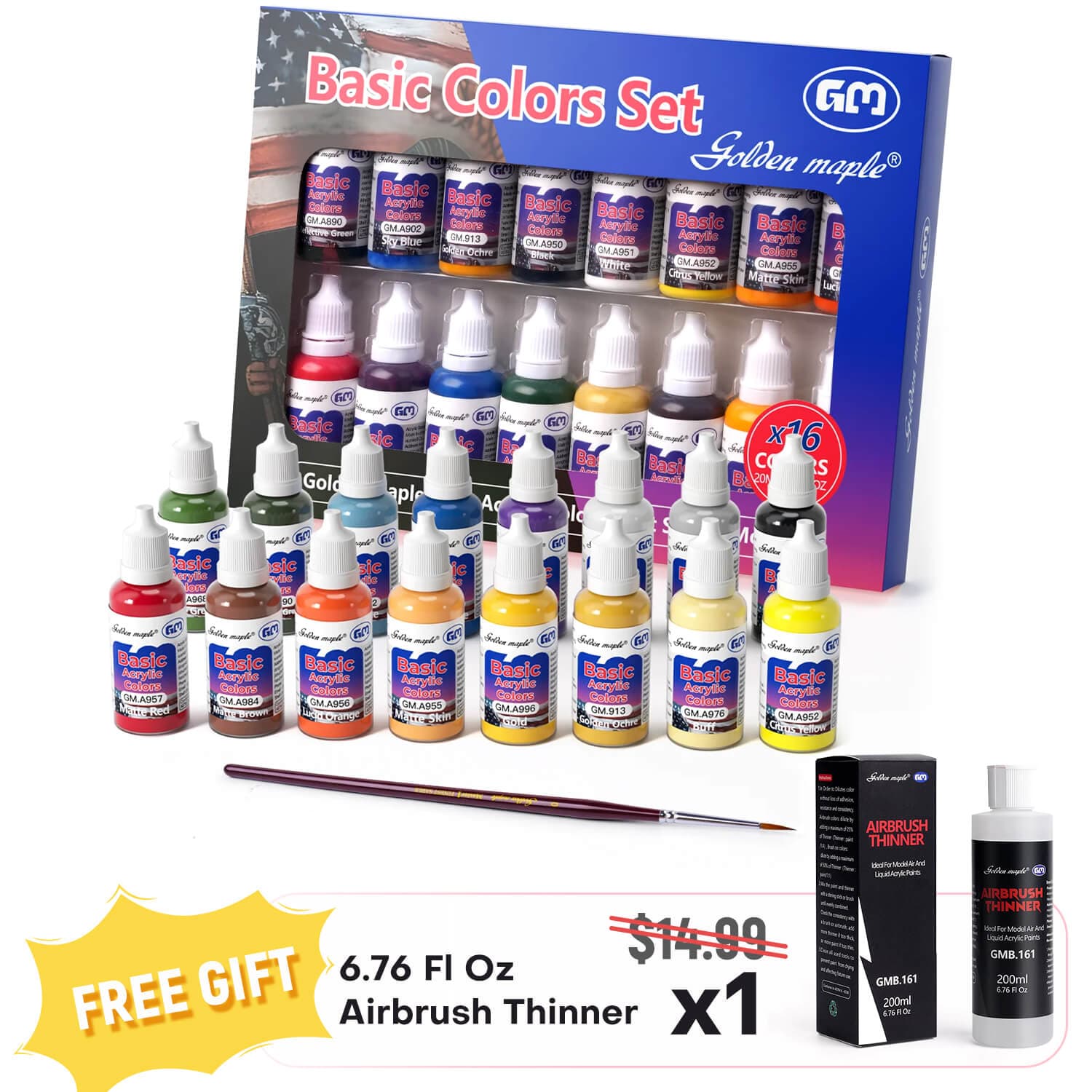 Miniature Paint Set: 16 x 20ml Basic Colors Acrylic Paints - Paint Set + Free Thinner