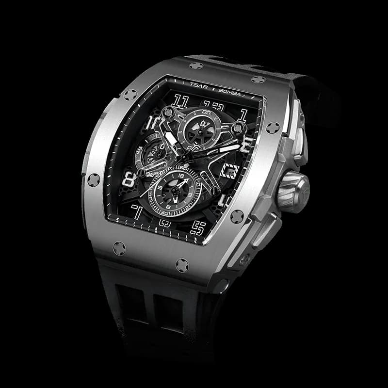 Men's Affordable Quartz Chronograph Watch | Silver Black | Tonneau Stainless Steel Case | Elemental TB8211Q | TSAR BOMBA — photo 1 of 1