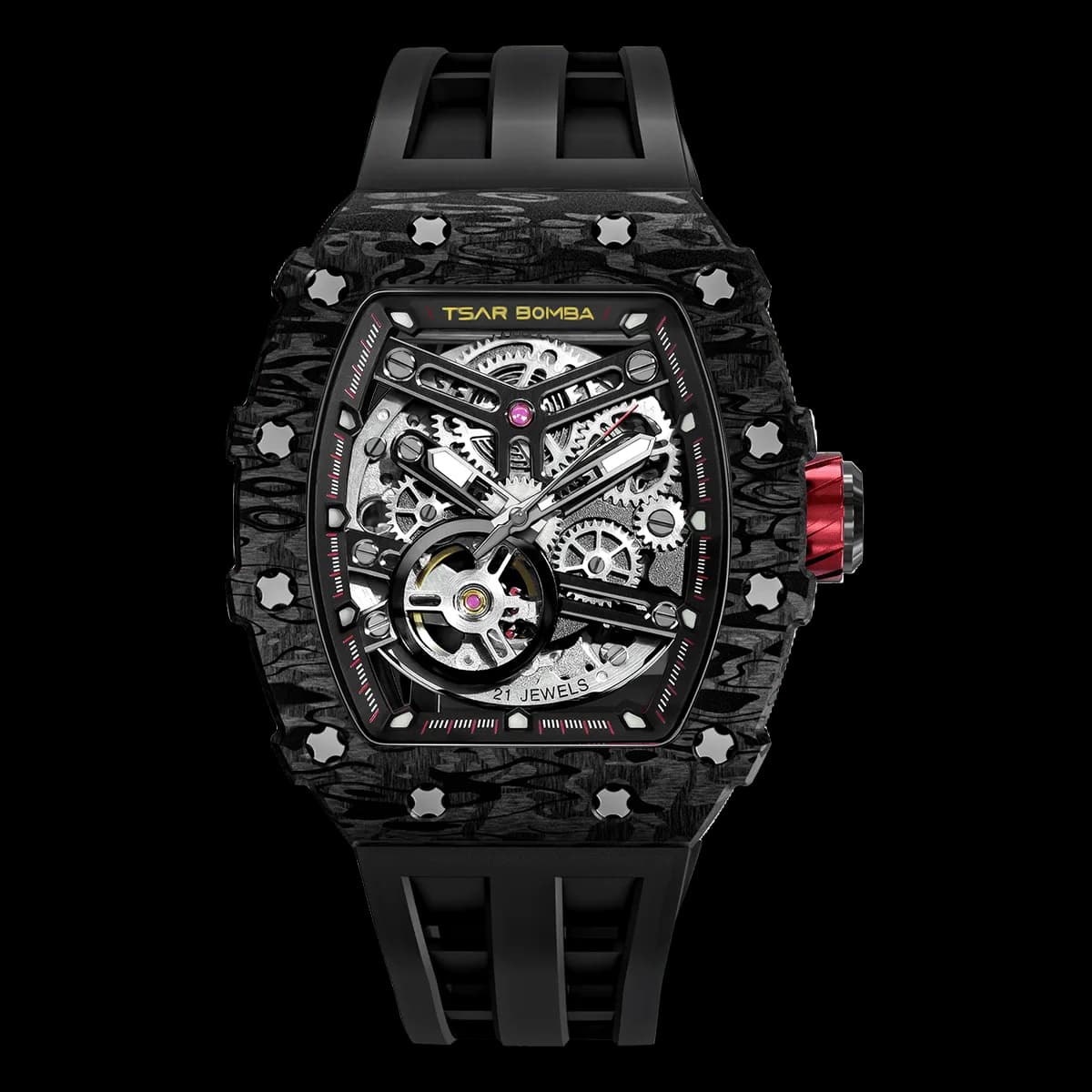 Men's Automatic Carbon Fiber Watch | Affordable Black Skeleton Tonneau Wristwatch | Elemental TB8208CF | TSAR BOMBA — photo 1 of 1