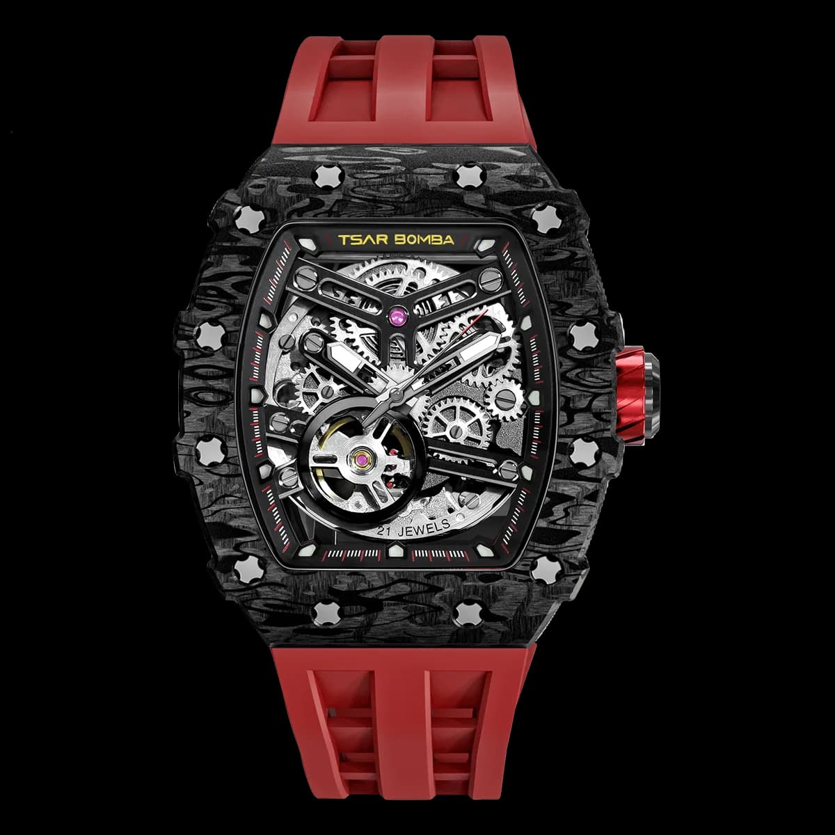 Men's Automatic Carbon Fiber Watch | Affordable Skeleton Tonneau Wristwatch | Passion Red | Elemental TB8208CF | TSAR BOMBA — photo 1 of 1
