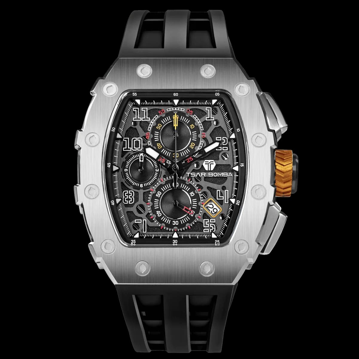 Men's Quartz Tonneau Watch | Silver Black Chronograph Watch | Square Sports Watch | Elemental TB8204Q | TSAR BOMBA — photo 1 of 1