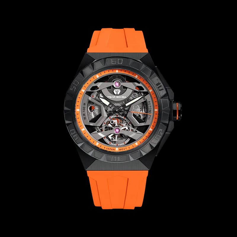 TSAR BOMBA Elemental Series Orange Men's Automatic Mechanical Watch – Stainless Steel Bezel & Case, Skeleton Dial, Sapphire Crystal, Fluororubber Strap, 100M Water Resistance, A+ Luminous — photo 1 of 1