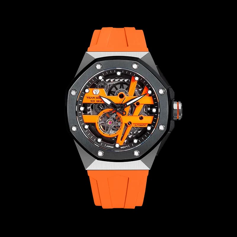 TSAR BOMBA Elemental Series Orange Silver Men's Automatic Mechanical Watch – Stainless Steel Bezel & Case, Skeleton Dial, Sapphire Crystal, Fluororubber Strap, 100M Water Resistance, A+ Luminous — photo 1 of 1
