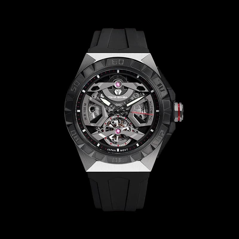 TSAR BOMBA Elemental Series Silver Black Men's Automatic Mechanical Watch – Stainless Steel Bezel & Case, Skeleton Dial, Sapphire Crystal, Fluororubber Strap, 100M Water Resistance, A+ Luminous — photo 1 of 1