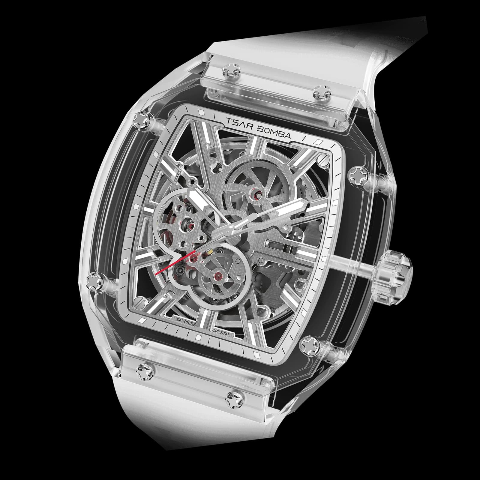 TSAR BOMBA Light Matter Series White Automatic Mechanical Watch | Sapphire Case & Bezel, Skeleton Dial, Fluoroelastomer Strap, Sapphire Crystal, 30M Water-Resistant, A+ Lume — photo 1 of 1