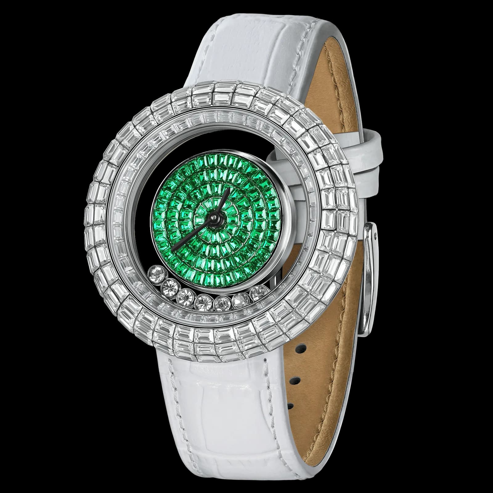 TSAR BOMBA Luxury Women's Watch | Green | Nucleus Femme 01 | Full Diamond Pave Floating Crystal Dial | Elegant Round Jewelry Watch with White Leather Strap