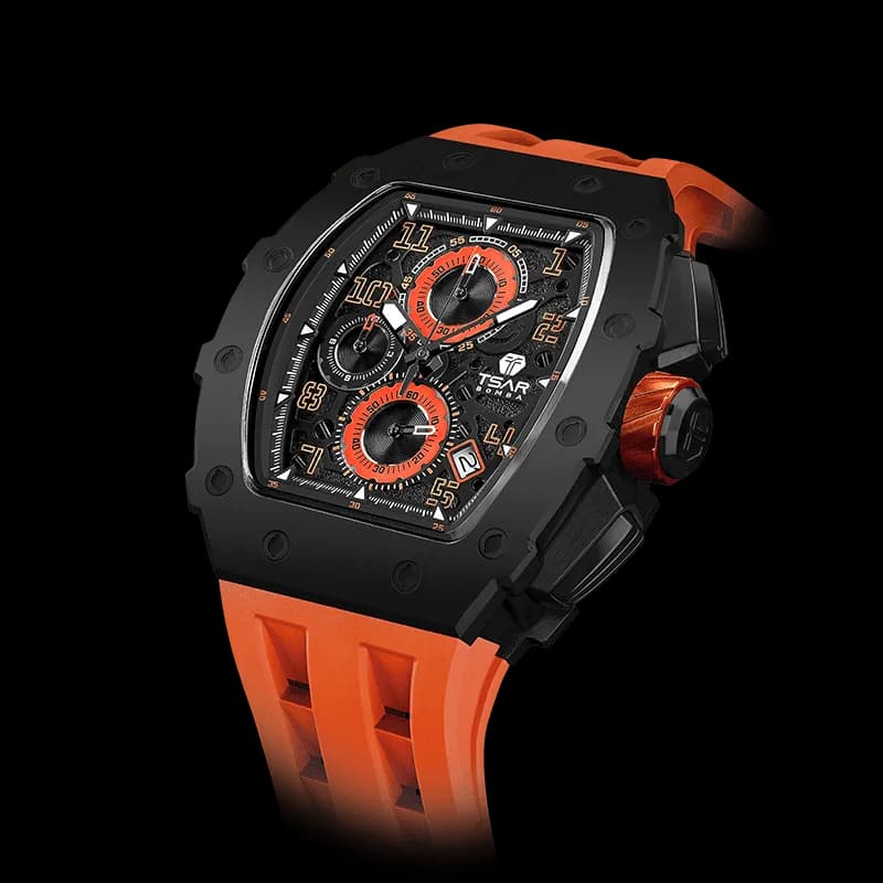 TSAR BOMBA Men's Affordable Luxury Quartz Watch | Black Orange | Tonneau Case | Seiko Quartz Movement | 5ATM Waterproof Silicone Strap | Elemental TB8204Q — photo 1 of 1