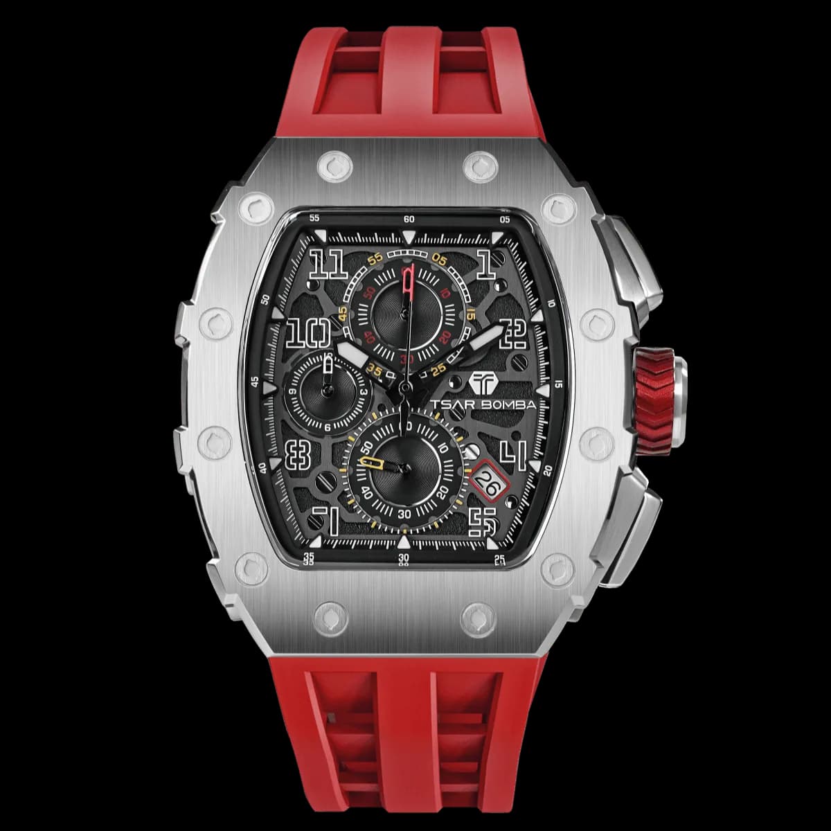 TSAR BOMBA Men's Affordable Luxury Quartz Watch | Black Red | Tonneau Case | Seiko Quartz Movement | 5ATM Waterproof Silicone Strap | Elemental TB8204Q — photo 1 of 1