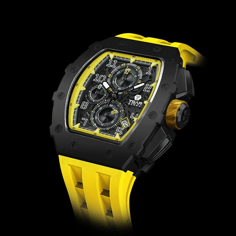 TSAR BOMBA Men's Affordable Luxury Quartz Watch | Black Yellow | Tonneau Case | Seiko Quartz Movement | 5ATM Waterproof Silicone Strap | Elemental TB8204Q — photo 1 of 1