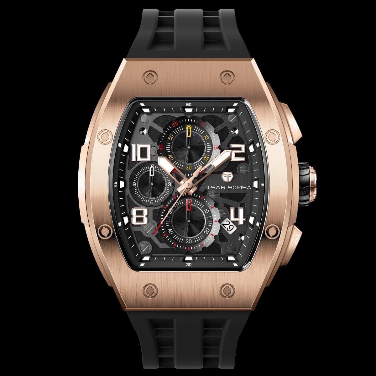 TSAR BOMBA Men's Affordable Luxury Quartz Watch | Gold Black | Tonneau Case | Epson Quartz Movement | 5ATM Waterproof | Fluororubber Strap | Elemental TB8224Q — photo 1 of 1