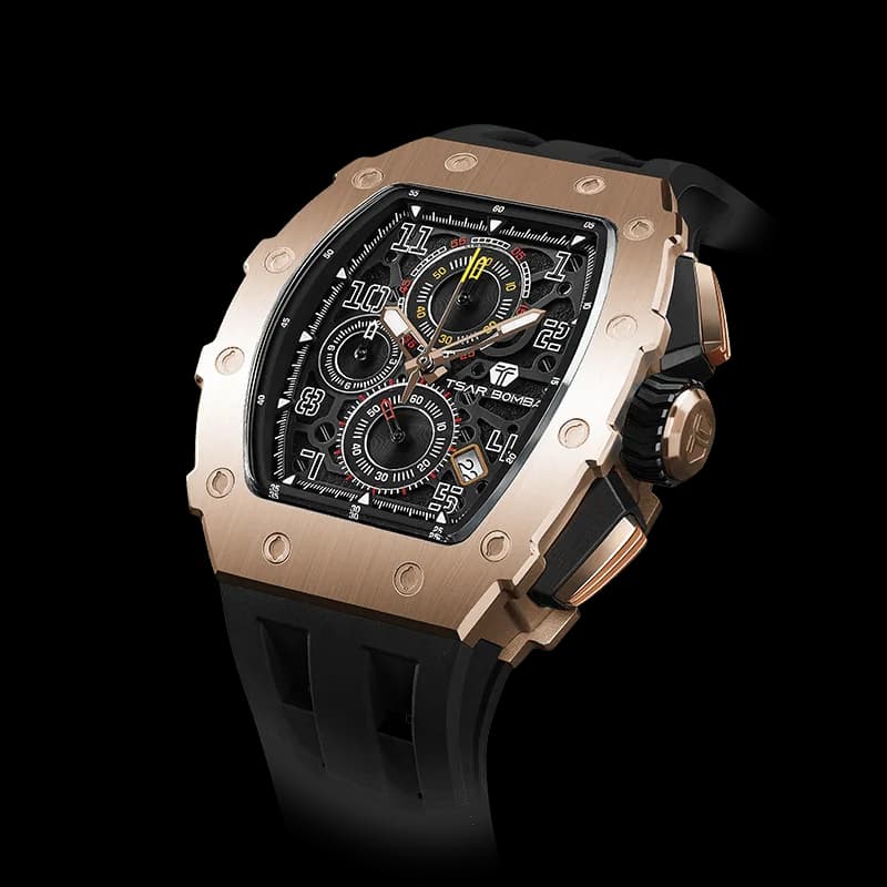 TSAR BOMBA Men's Affordable Luxury Quartz Watch | Golden Black | Tonneau Case | Seiko Quartz Movement | 5ATM Waterproof Silicone Strap | Elemental TB8204Q — photo 1 of 1