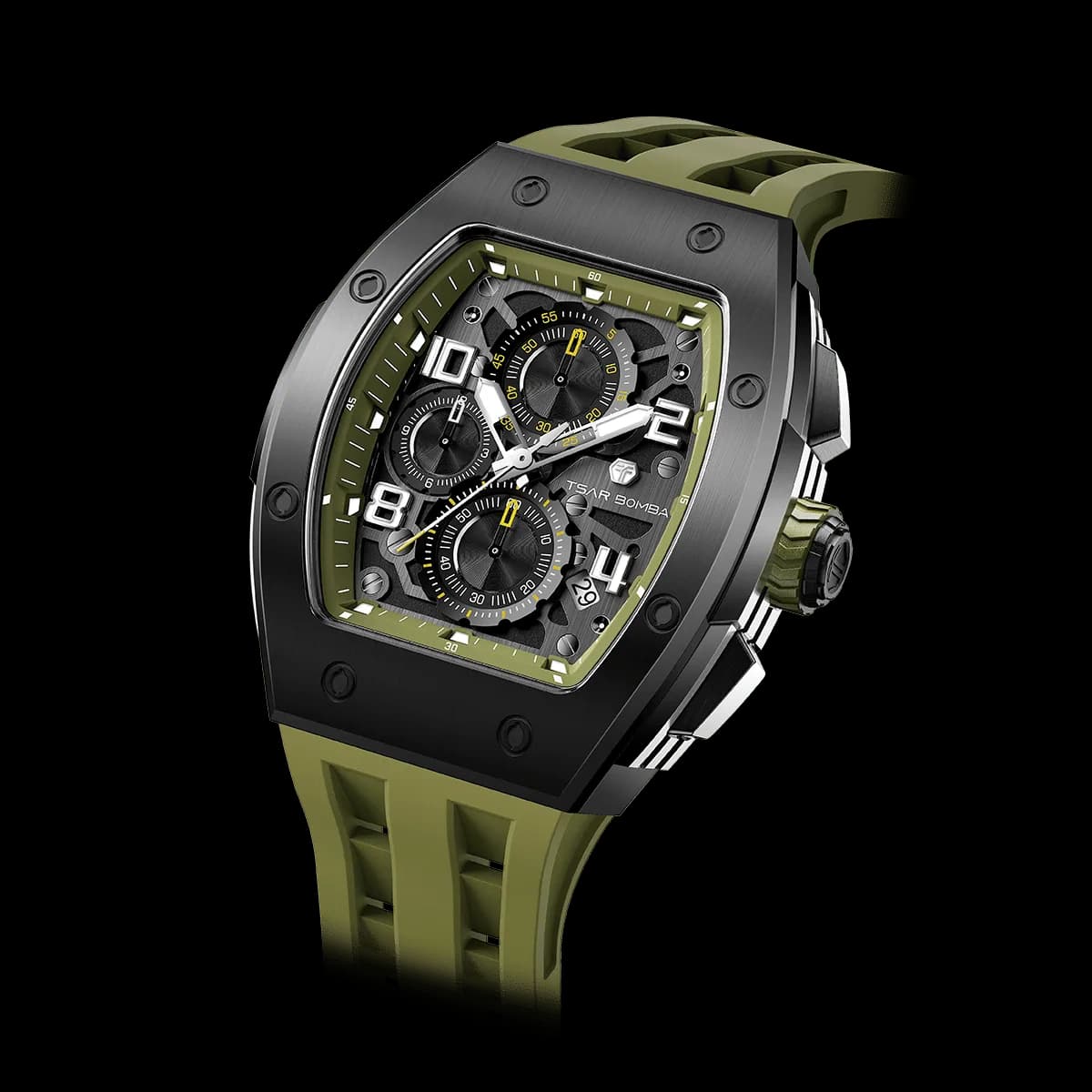 TSAR BOMBA Men's Affordable Luxury Quartz Watch | Olive Green | Tonneau Case | Epson Quartz Movement | 5ATM Waterproof | Fluororubber Strap | Elemental TB8224Q — photo 1 of 1