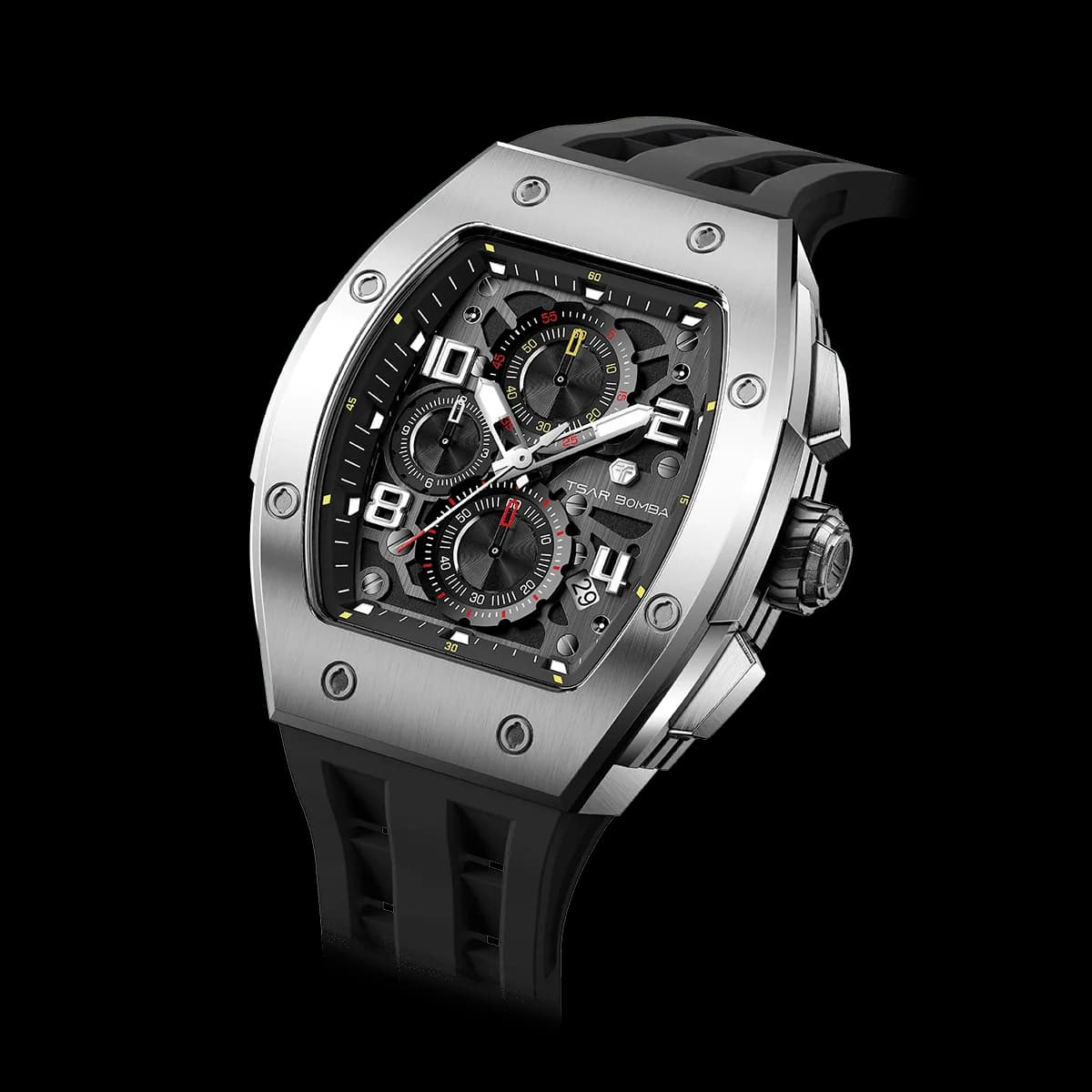 TSAR BOMBA Men's Affordable Luxury Quartz Watch | Silver Black | Tonneau Case | Epson Quartz Movement | 5ATM Waterproof | Fluororubber Strap | Elemental TB8224Q — photo 1 of 1