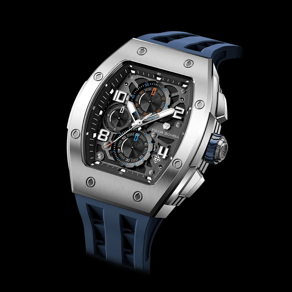 TSAR BOMBA Men's Affordable Luxury Quartz Watch | Silver Blue | Tonneau Case | Epson Quartz Movement | 5ATM Waterproof | Fluororubber Strap | Elemental TB8224Q — photo 1 of 1
