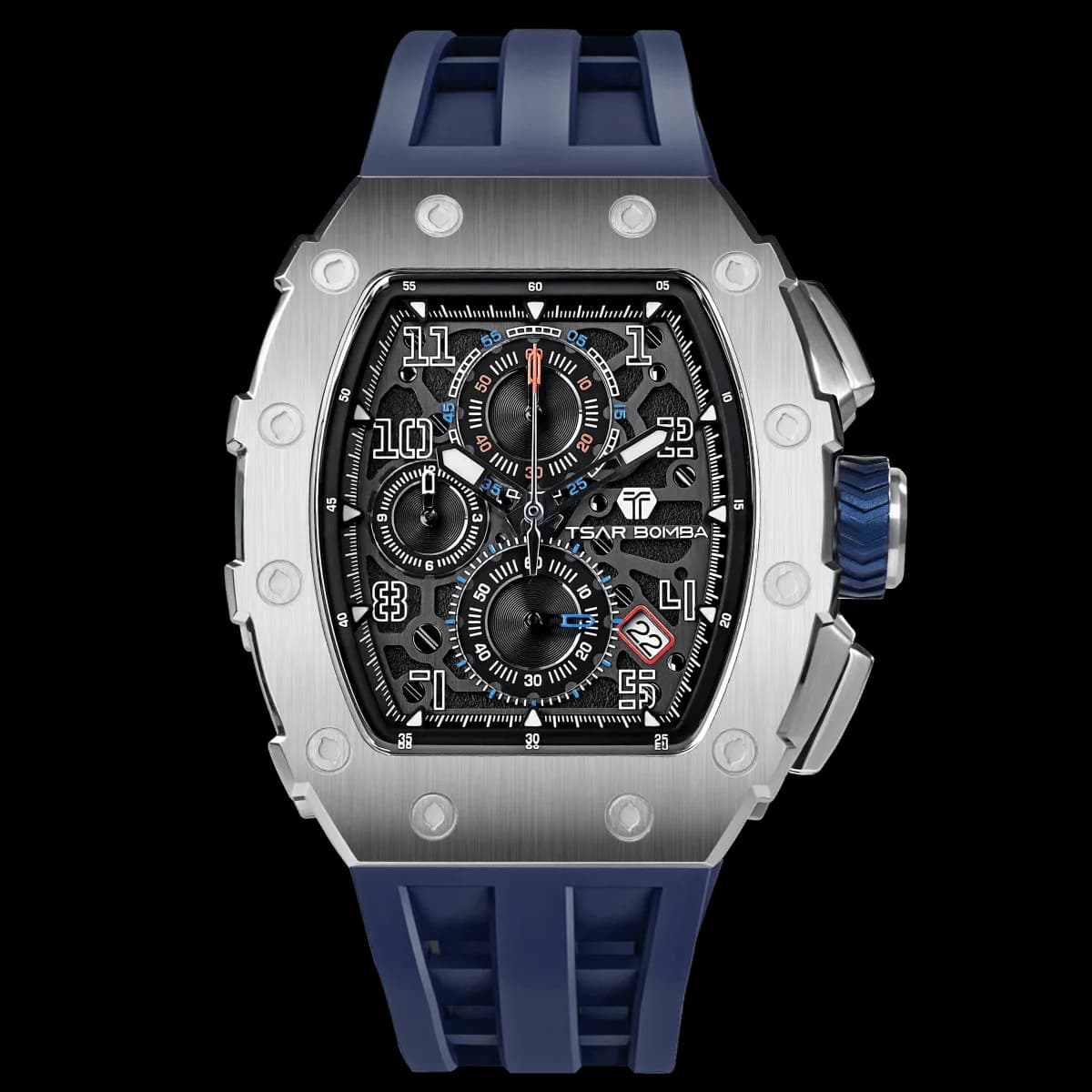 TSAR BOMBA Men's Affordable Luxury Quartz Watch | Silver Blue | Tonneau Case | Seiko Quartz Movement | 5ATM Waterproof Silicone Strap | Elemental TB8204Q — photo 1 of 1