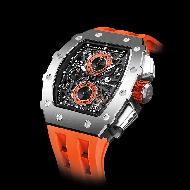 TSAR BOMBA Men's Affordable Luxury Quartz Watch | Silver Orange | Tonneau Case | Seiko Quartz Movement | 5ATM Waterproof Silicone Strap | Elemental TB8204Q — photo 1 of 1