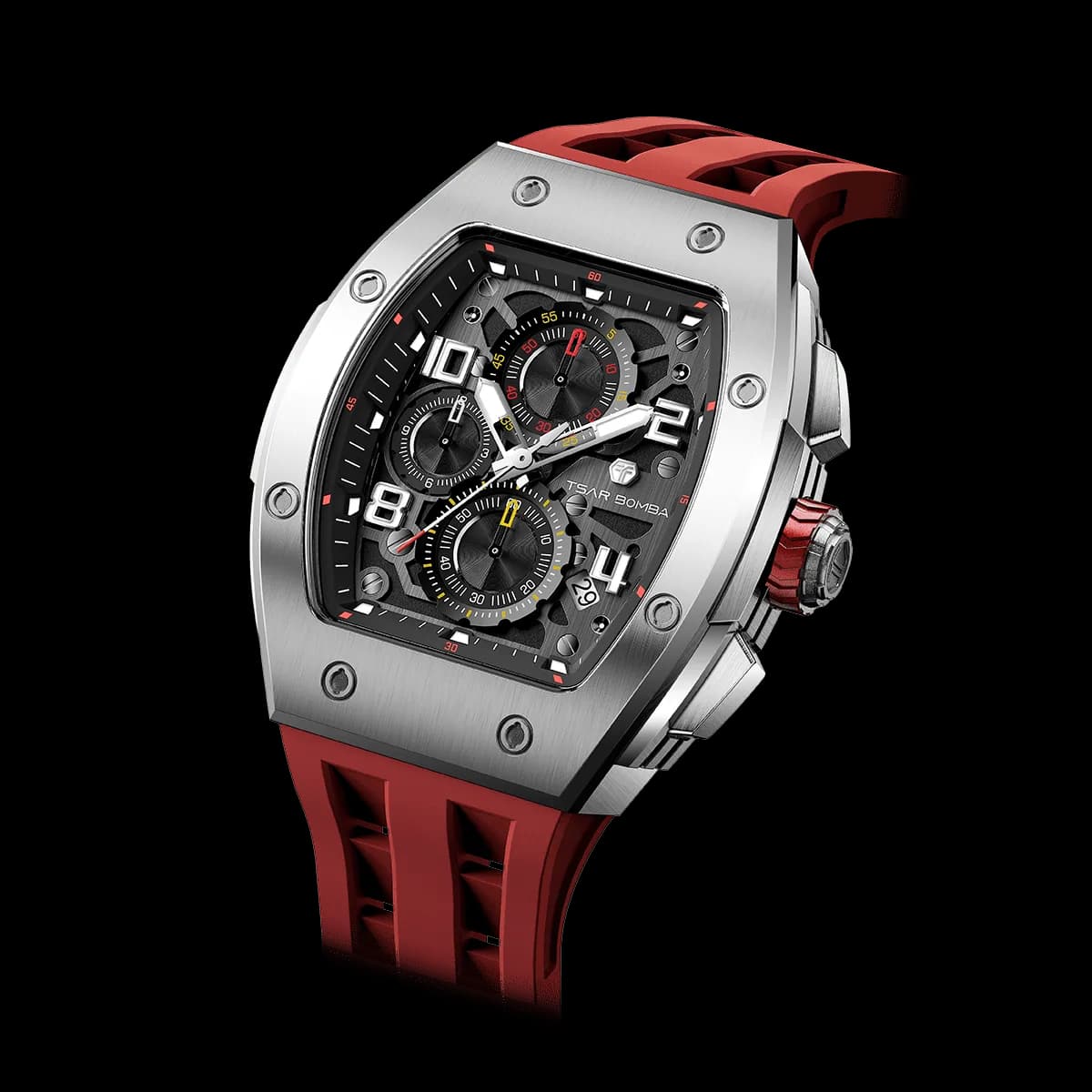 TSAR BOMBA Men's Affordable Luxury Quartz Watch | Silver Red | Tonneau Case | Epson Quartz Movement | 5ATM Waterproof | Fluororubber Strap | Elemental TB8224Q — photo 1 of 1
