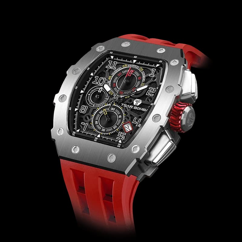 TSAR BOMBA Men's Affordable Luxury Quartz Watch | Silver Red | Tonneau Case | Seiko Quartz Movement | 5ATM Waterproof Silicone Strap | Elemental TB8204Q — photo 1 of 1