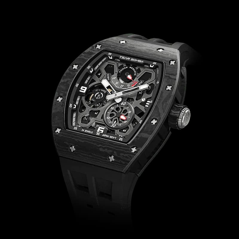 TSAR BOMBA Men's Automatic Luxury Sport Watch | Carbon Fiber Black | Elemental TB8212 | 42.5mm | Ceramic & Carbon Fiber