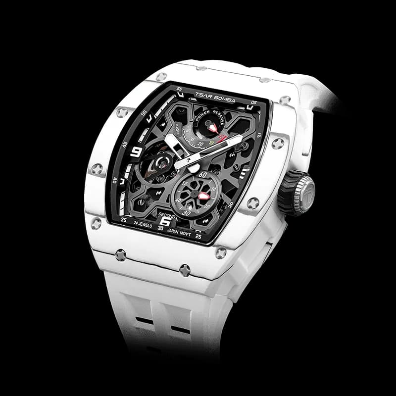 TSAR BOMBA Men's Automatic Luxury Sport Watch | Carbon Fiber White | Elemental TB8212 | 42.5mm | Ceramic & Carbon Fiber