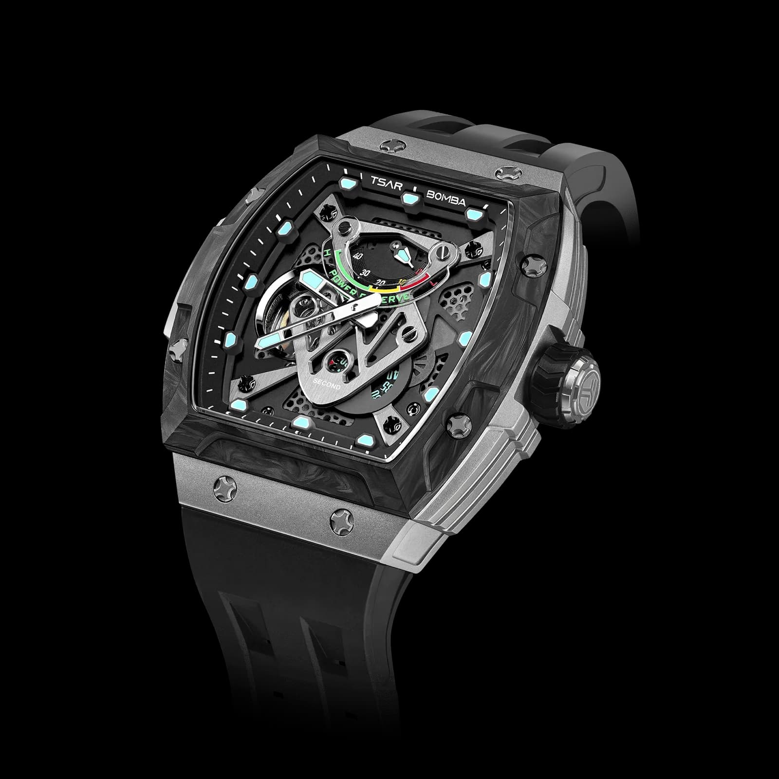 TSAR BOMBA Men's Automatic Mechanical Watch | Black | 46mm | The Neutron TB8216 | Carbon Fiber Bezel | Titanium Case