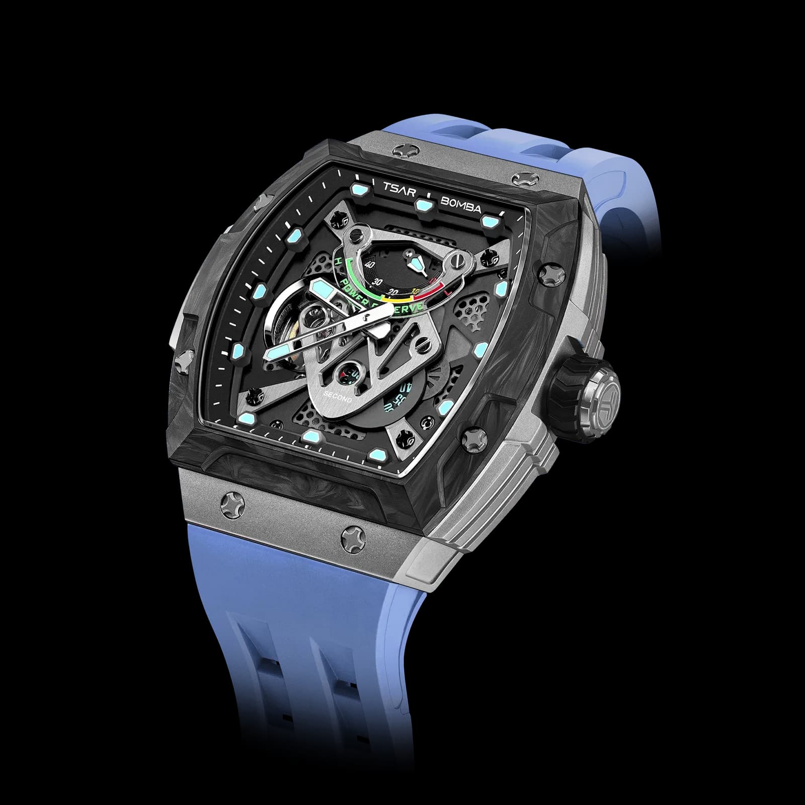 TSAR BOMBA Men's Automatic Mechanical Watch | Blue | 46mm | The Neutron TB8216 | Carbon Fiber Bezel | Titanium Case