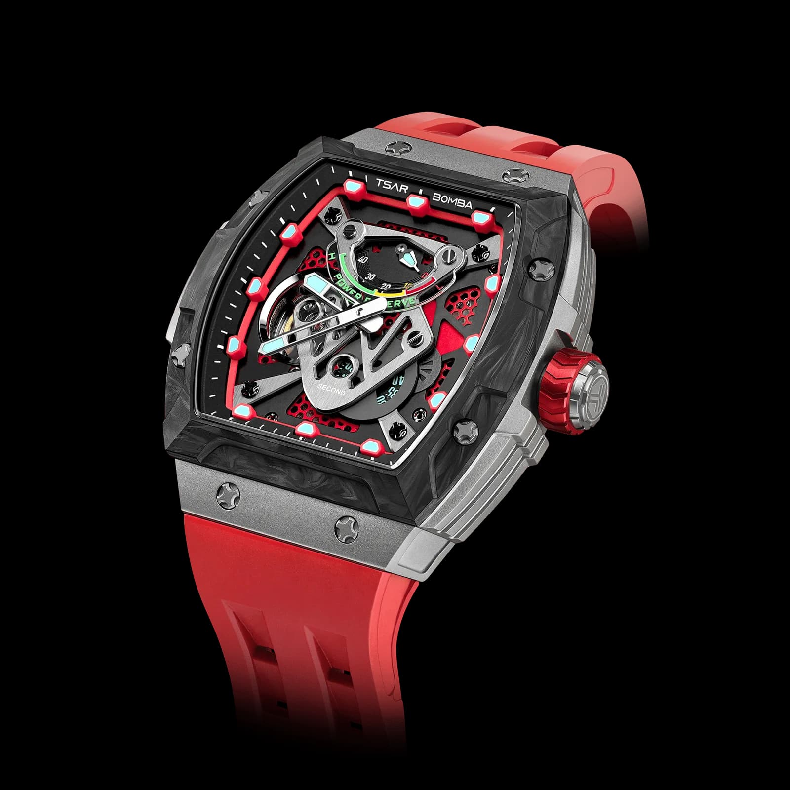 TSAR BOMBA Men's Automatic Mechanical Watch | Red | 46mm | The Neutron TB8216 | Carbon Fiber Bezel | Titanium Case
