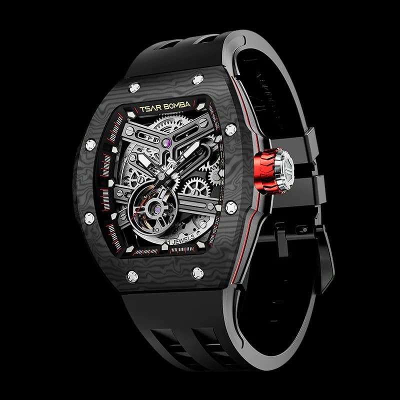 TSAR BOMBA Men's Automatic Skeleton Watch | Interchangeable Luxury Design | Black | Atomic TB8218 | Carbon Fiber — photo 1 of 1